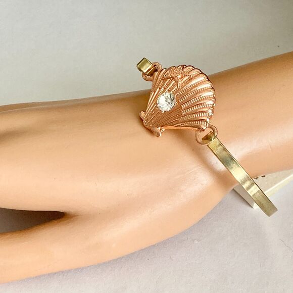 Scallop Sea Shell Bracelet Bangle Nautical Island Beach 7.5" Gold Plated Crystal - Picture 5 of 12